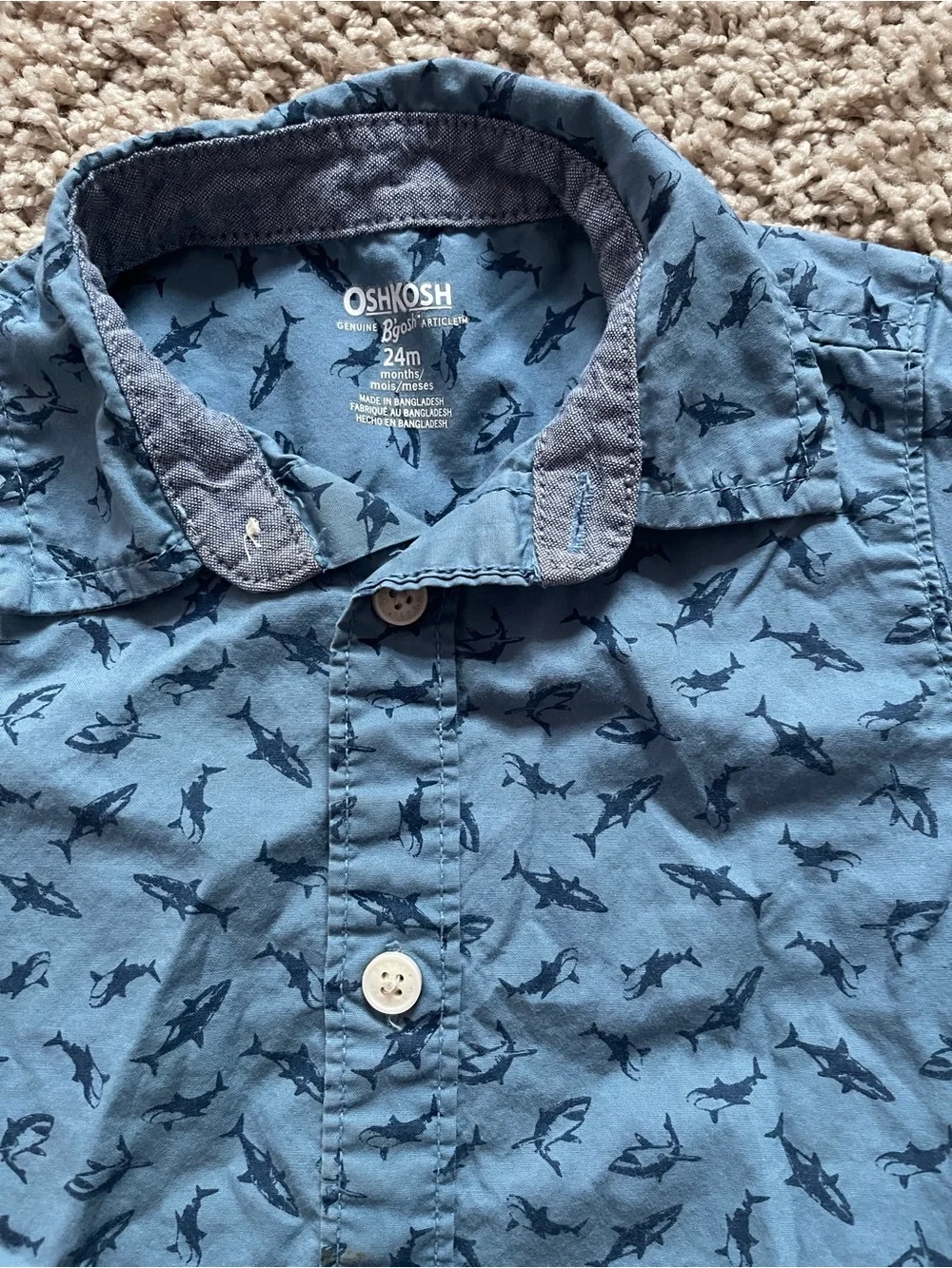 OshKosh B’gosh Toddler Boys Shark Button-Up Shirt 24M Blue Short Sleeve